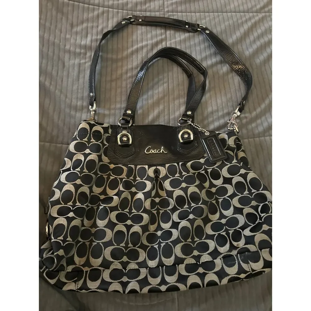 Coach Ashley Signature Canvas Handbag in Black and Gray.
